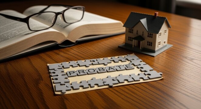 The Probate Process: Understanding legal documents, inheritance, and property transfer with a house model and an open book