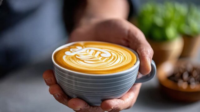 Latte Art in Hand: A warm cup of latte held in hand, showcasing intricate latte art, a testament to the barista's skill and dedication, a morning indulgence.