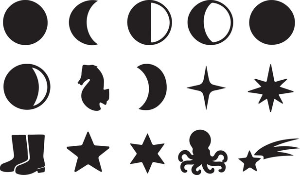 Celestial phases icon set with moon cycle symbols. Minimal astronomy vector icons for apps and design.