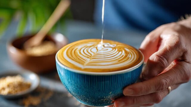 Latte Art Pouring: A close-up shot of a delicate hand pouring milk into a beautifully designed latte. Capturing the artistry of the perfect cup. 