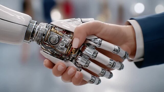 Handshake of Future: A human hand clasps the metallic hand of a robot in a gesture of partnership and cooperation, set against an environment suggesting technological innovation.