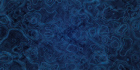 Abstract blue topographic contour lines pattern on a dark background, wavy map-like lines with small dots, modern geometric design. © Abd