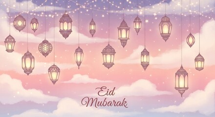 Delicate digital artwork of illuminated lanterns suspended against a pastel sky, celebrating the joyous occasion of Eid Mubarak with shimmering light and ethereal beauty.