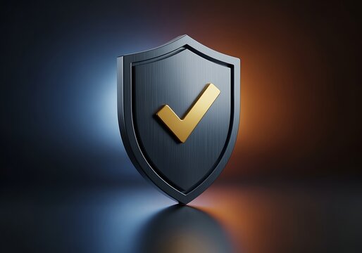 A shiny metal shield with a gold checkmark on a gradient blue and orange background  symbolizing protection and security