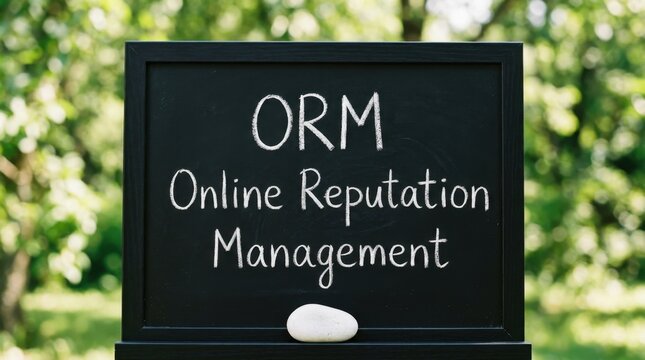 Online Reputation Management ORM explained on a chalkboard with a smooth stone and blurred natural background