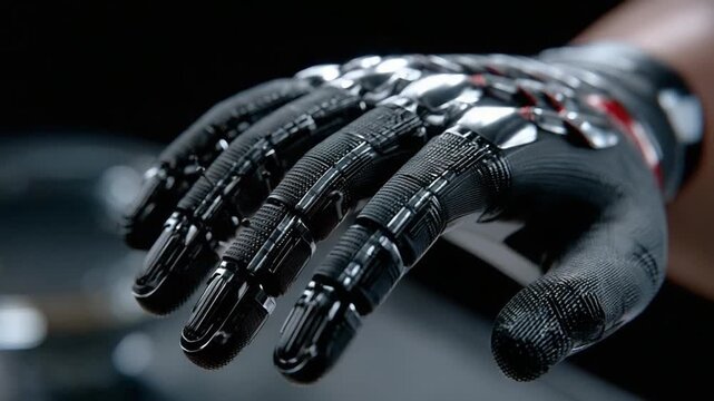 Futuristic Prosthetic Hand: An ultra-modern prosthetic hand, meticulously designed with sleek, metallic components, offers a glimpse into the future of technology.