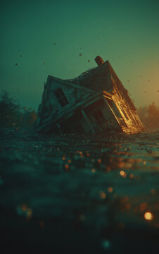 Suburban residential house sinking into rising flood water with dramatic split level view above and below surface for climate change awareness campaigns, insurance risk concepts, disaster thriller