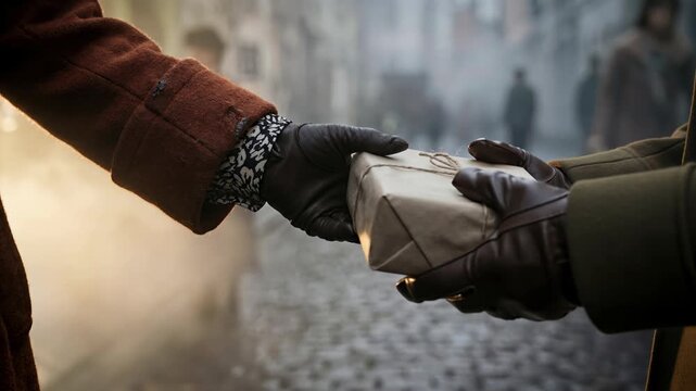 Slow motion footage of hands in leather gloves exchanging a small brown paper parcel on a foggy cobblestone street during winter sunset, featuring a mysterious cinematic atmosphere.