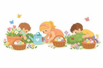 Obraz premium Kids Collecting Easter Eggs in Garden Spring Illustration