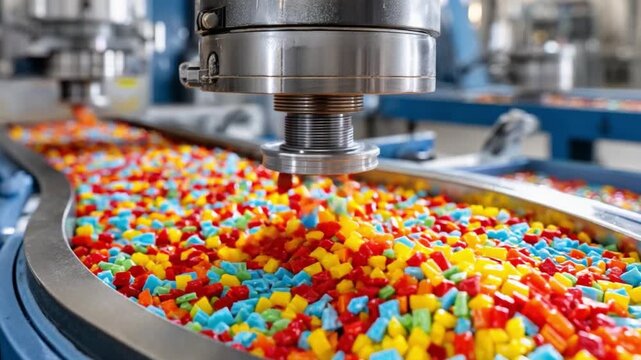 Precision in Production: A detailed view showcases a high-tech machine at work, methodically sorting colorful candies on a production line. The focus is on the precision and efficiency of the process.
