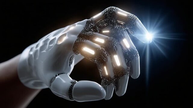 Bionic Hand Touch: A close-up shot captures a bionic hand with glowing circuits, demonstrating technological innovation and a glimpse into the future of human enhancement.