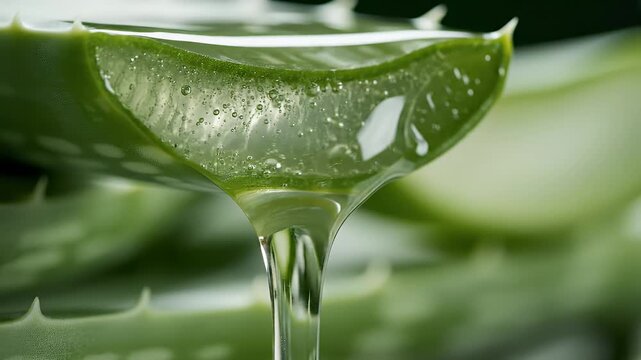 Close-up of clear aloe vera gel dripping from a cut leaf, showing air bubbles