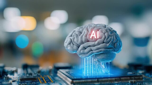 Digital Brain: A captivating depiction of a digital brain, glowing with AI and integrated onto a circuit board, symbolizing the convergence of artificial intelligence and technology.
