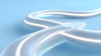 Modernist composition featuring a smooth S shaped curved ribbon made of glowing white lines and light blue shapes presented with bright lighting and soft glow on a clean white background