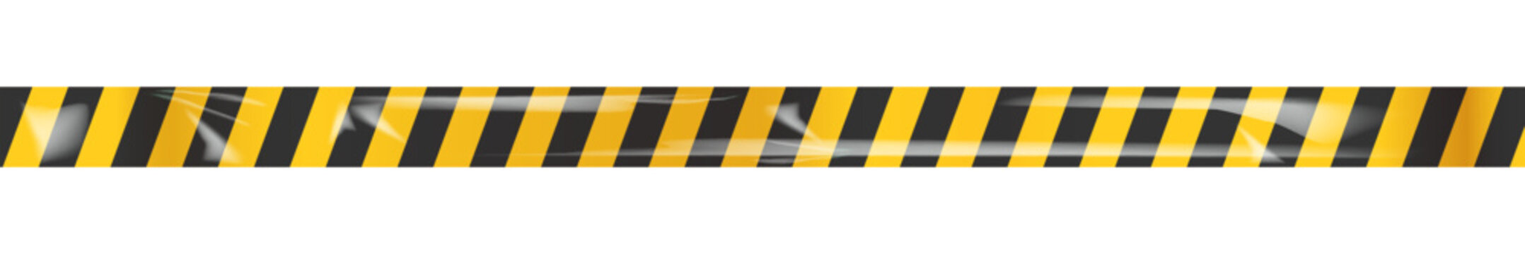 Yellow and black caution tape isolated on white background. Realistic barrier tape with plastic texture and creases. Warning stripe for construction or danger zone. Minimalist vector illustration