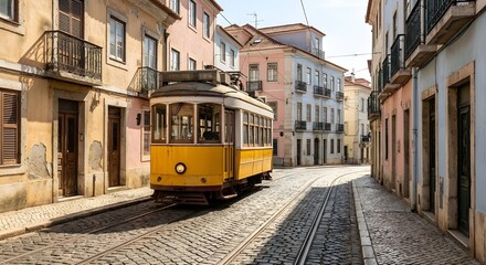 Fototapeta premium Classic yellow vintage tram going down a steep narrow street in a historic European city, old pastel buildings, cobblestone road with tram tracks.