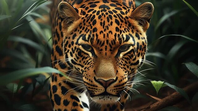 Magnificent jaguar walking forward, staring intensely into the camera through lush jungle leaves