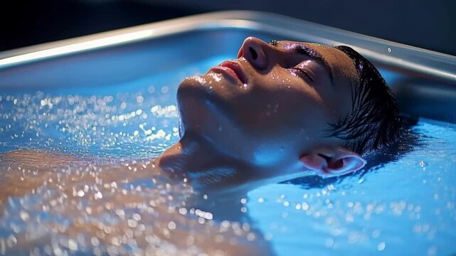 Young athletic man with eyes closed taking a cold plunge in an ice bath for muscle recovery