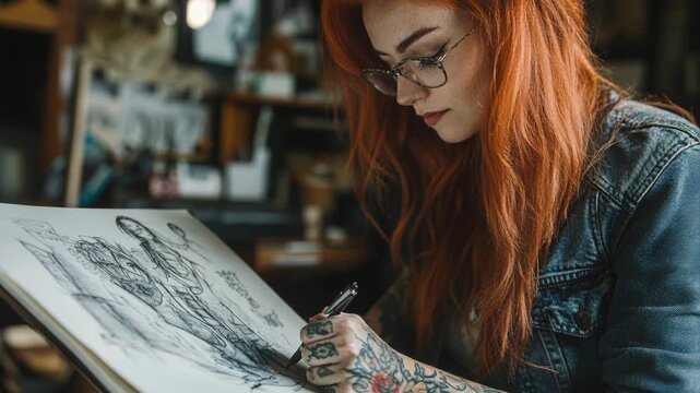 Creative tattooed woman with red hair concentrating on drawing a pencil sketch in her art studio