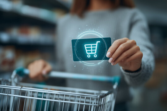 Customer in a supermarket holding a digital payment card with a glowing holographic shopping cart icon for e-commerce and retail technology