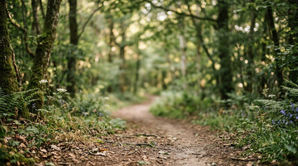 Fototapeta premium Winding Forest Path Through Lush Green Trees Background In Natural Sunlight