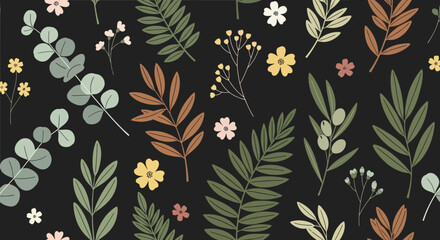 Obraz premium Botanical pattern of leaves and flowers on black background, flat vector