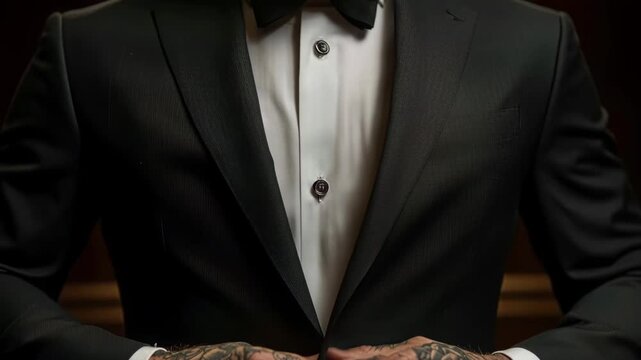Man with tattooed hands fastening buttons on his white shirt before an elegant evening event
