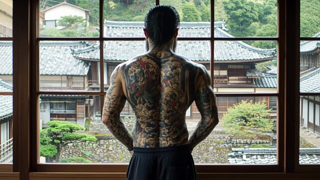 Muscular man with a full-back yakuza-style tattoo contemplating a traditional japanese landscape
