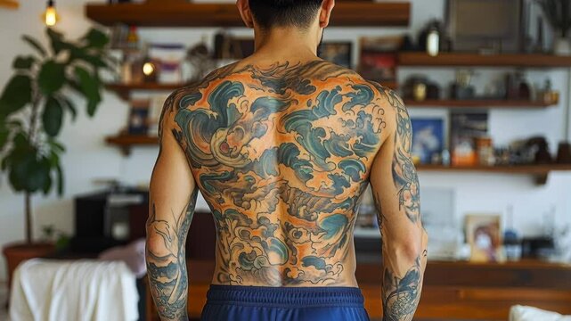 Rear view of a man with a traditional japanese irezumi tattoo covering his entire back and arms