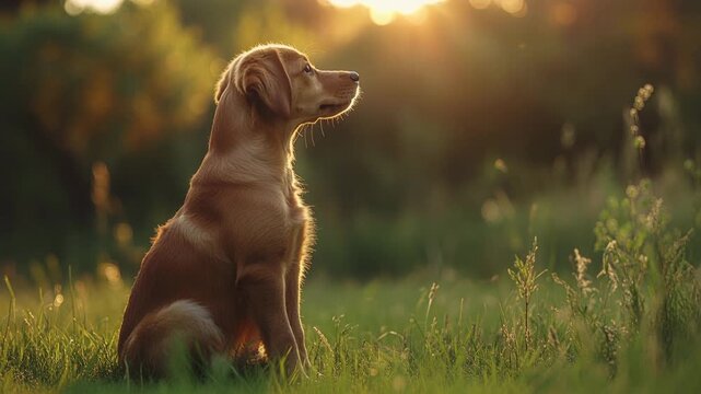Loyal dog sitting patiently in a green field during a beautiful golden hour sunset