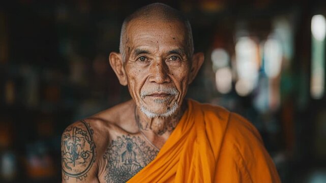 Portrait of a serene elder buddhist monk with traditional sak yant tattoos looking at camera