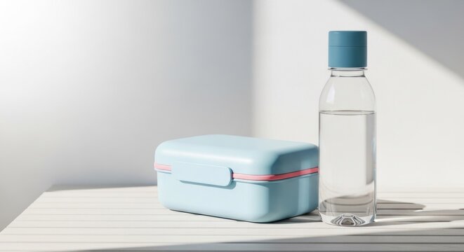 A blue lunch box and a clear spray bottle on a table