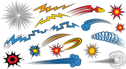 Comic Style Explosion Bursts, Lightning Bolts, Speed Lines and Energy Effects Collection, Colorful Cartoon Action Elements for Comics, Games, Posters and Dynamic Designs © MstMukta