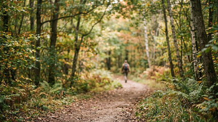 Fototapeta premium Back view of solitary hiker walking forest path background in golden autumn woodland