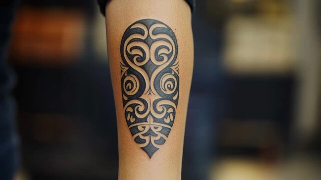 Detailed close-up view of a black ink maori style tattoo on a person's forearm