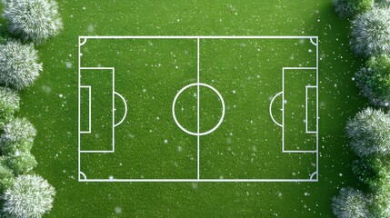 Naklejka premium Aerial perspective of an empty meticulously maintained football pitch featuring vibrant green grass precise white lines a central circular area and a hint of winter snow showcasing detail