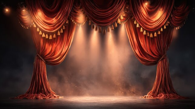 Dramatic crimson velvet stage curtains adorned with golden tassels and illuminated by warm spotlights, creating a captivating atmosphere for a performance.