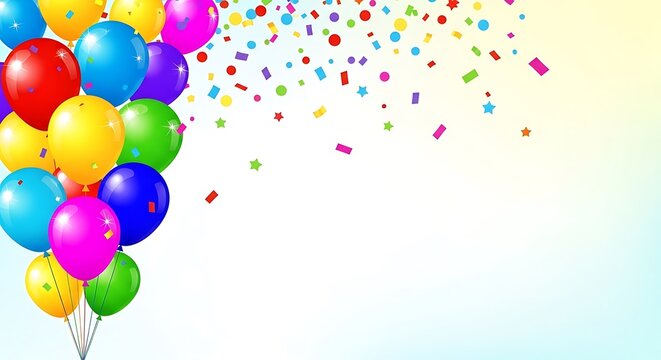 Colorful Balloons Floating Cluster with Confetti