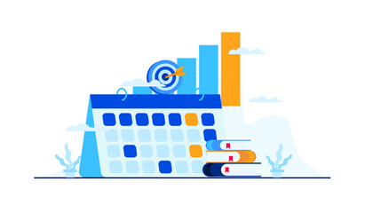 Obraz premium Productivity and education concept with planning calendar, business growth chart, and stack of books