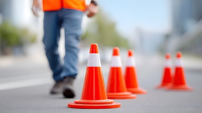 Close up view shows diligent efforts in setting up safety barriers highlighting hazard awareness protocols preventative measures and meticulous work execution under neutral lighting