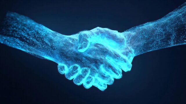 Digital Handshake: An abstract representation of two hands clasped in a handshake, rendered in a mesmerizing digital glow, symbolizing collaboration and agreement. 