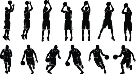 Basketball player silhouettes collection showing shooting and dribbling actions, athletic male athlete poses set, sport movement vector illustration isolated © Bidhanchandra