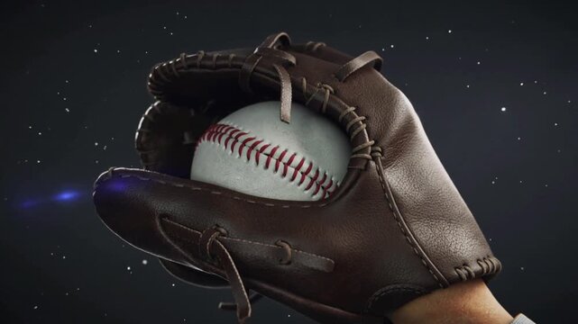 Baseball in a brown leather glove with red stitching on dark background image photo