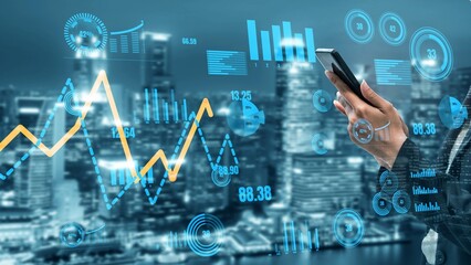 Business person checks financial data on a smartphone, viewing stock trends and statistics against...