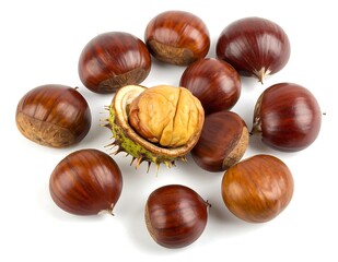 Obraz premium A group of brown chestnuts scattered on a white surface