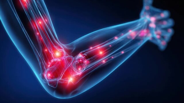 Elbow Pain Illustration: A detailed, medical illustration highlights the anatomy of an elbow, with glowing red highlights pinpointing areas of discomfort and inflammation, suggesting pain.