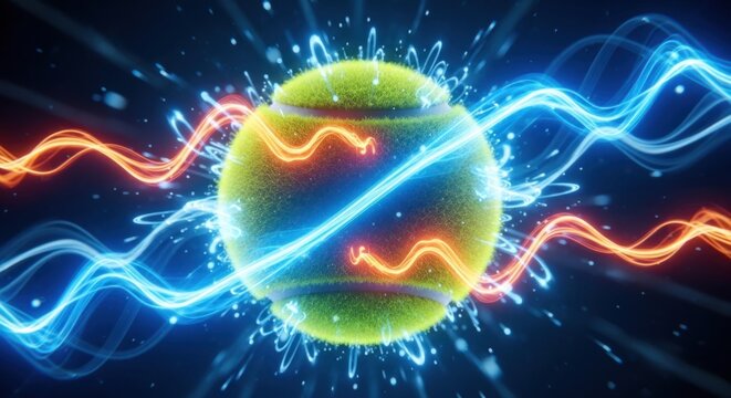 Vibrant yellow sphere with electric blue and orange energy waves