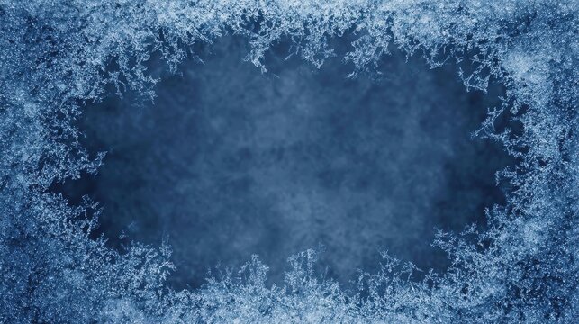 Intricate ice crystal formations create a natural frame against a blurred dark background, ideal for use as a decorative element in cold-weather themes.