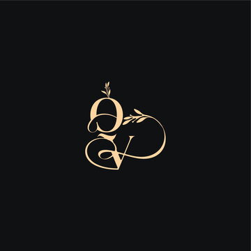 monogram elegant concept luxury feel with wavy line QV organic leaves wedding logo letter