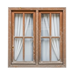 Obraz premium Old wooden window frame with white curtains isolated on a white background isolated on a transparent background